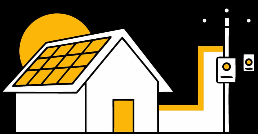 Illustration of an on-grid rooftop solar home connected to the utility grid